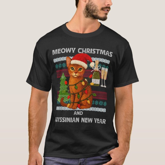 Meowy Christmas Funny Abyssinian Cat Santa Hat Ugl T Shirt (Framsida)