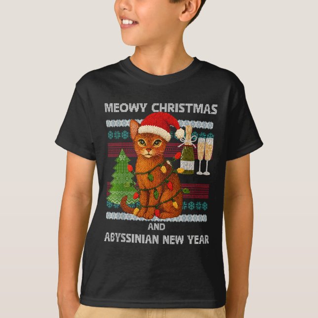 Meowy Christmas Funny Abyssinian Cat Santa Hat Ugl T Shirt (Framsida)