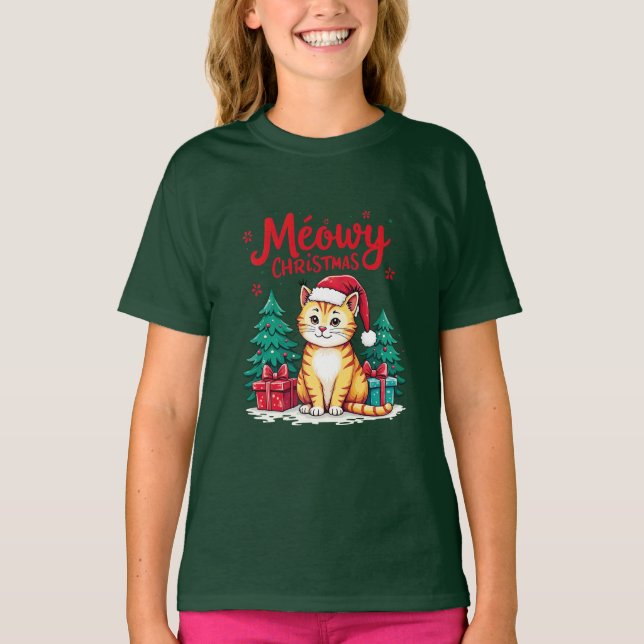 Meowy Christmas Funny Cat T-shirt (Framsida)