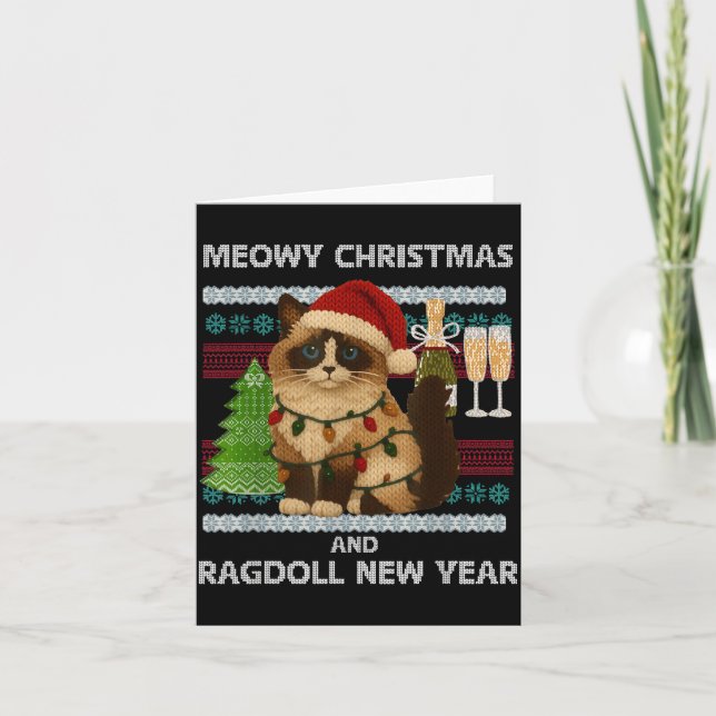 Meowy Christmas Funny Ragdoll Cat Santa Hat Ugly S Kort (Framsida)