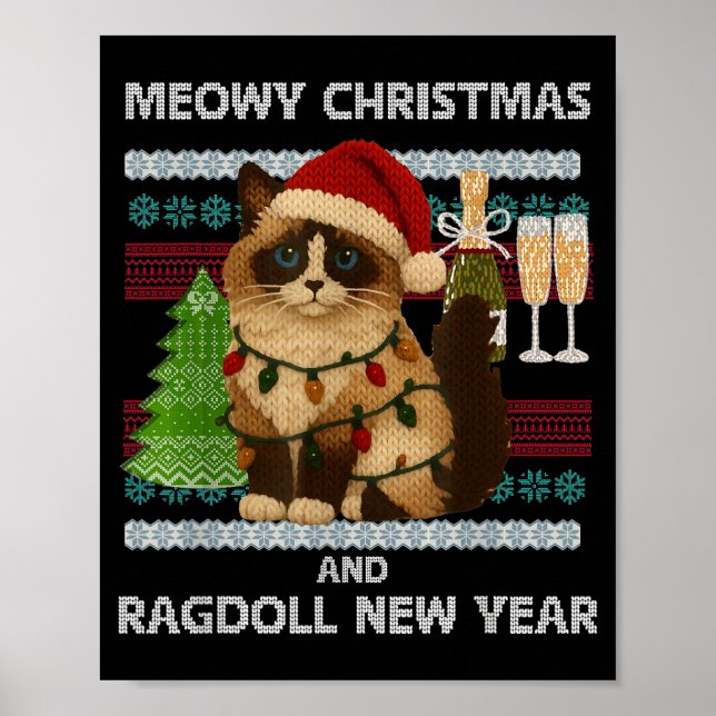 Meowy Christmas Funny Ragdoll Cat Santa Hat Ugly S Poster (Framsidan)