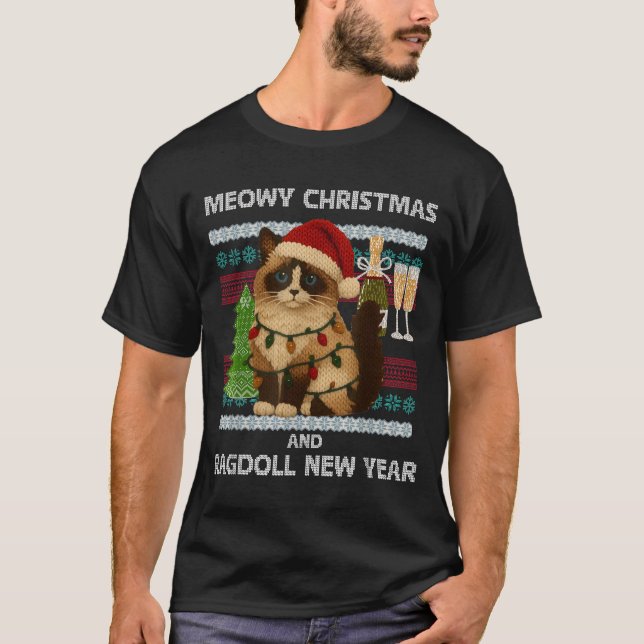 Meowy Christmas Funny Ragdoll Cat Santa Hat Ugly S T Shirt (Framsida)