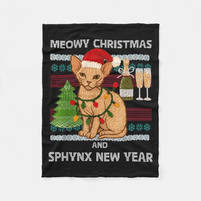 Meowy Christmas Funny Sphynx Cat Santa Hat Ugly Sw Fleecefilt (Framsidan)