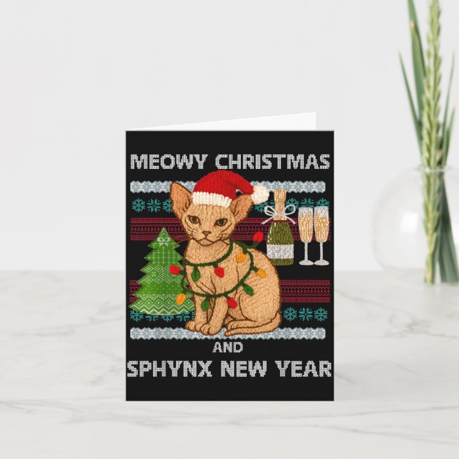 Meowy Christmas Funny Sphynx Cat Santa Hat Ugly Sw Kort (Framsida)