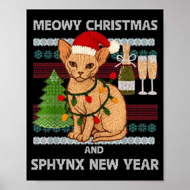 Meowy Christmas Funny Sphynx Cat Santa Hat Ugly Sw Poster (Framsidan)