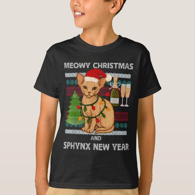 Meowy Christmas Funny Sphynx Cat Santa Hat Ugly Sw T Shirt (Framsida)