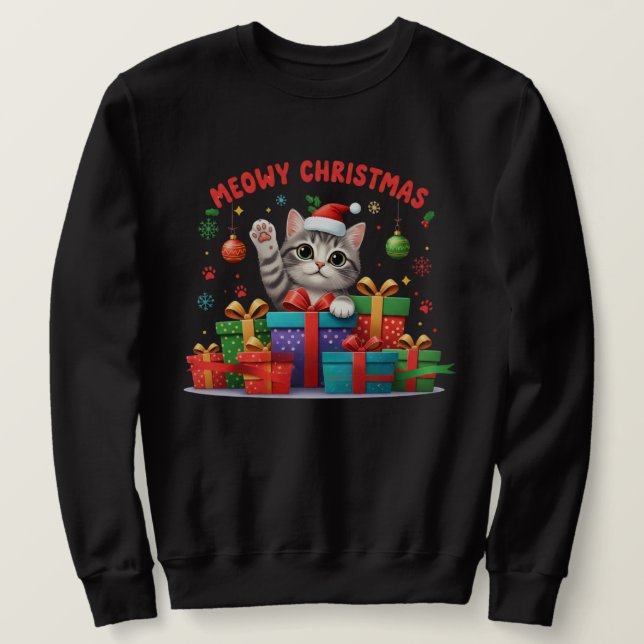 Meowy Christmas Gift Cat – Cute Holiday T-Shirt Lång Ärmad Tröja (Design framsida)