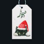 Meowy christmas helgdag cat in Santa märkres Presentetikett<br><div class="desc">En söt svart och vit katt i en jultomt som önskar dig en "meowy jul"! Ursäkta (förlåt!) för kattälskande vänner och släktingar den här julhelgen. Det finns många matchande artiklar i den här söta designen. Besök min butik för att se fullt.</div>