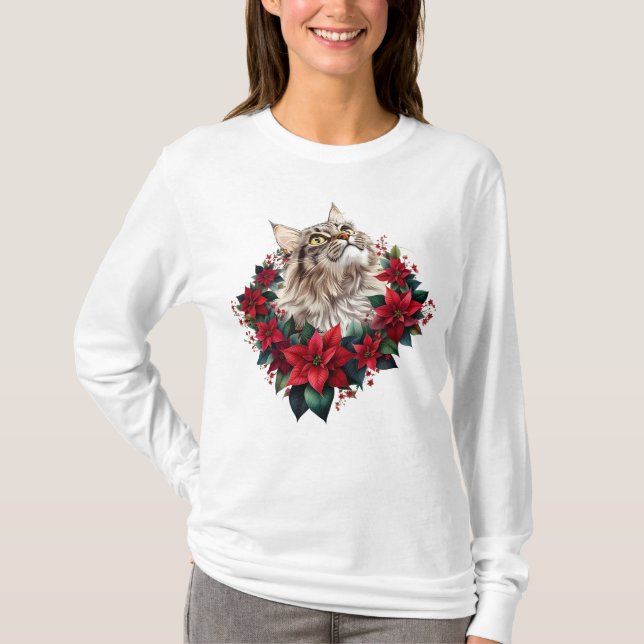 Meowy Christmas Maine Coon Cat  T Shirt (Framsida)
