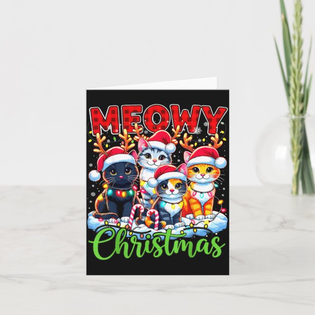 Meowy Christmas Reindeer Xmas Lights Santa Cat  Kort (Framsida)