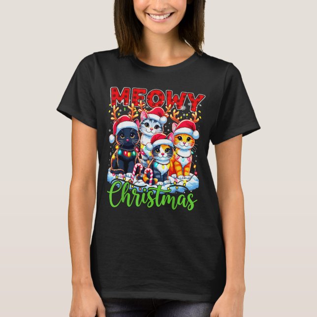 Meowy Christmas Reindeer Xmas Lights Santa Cat  T Shirt (Framsida)