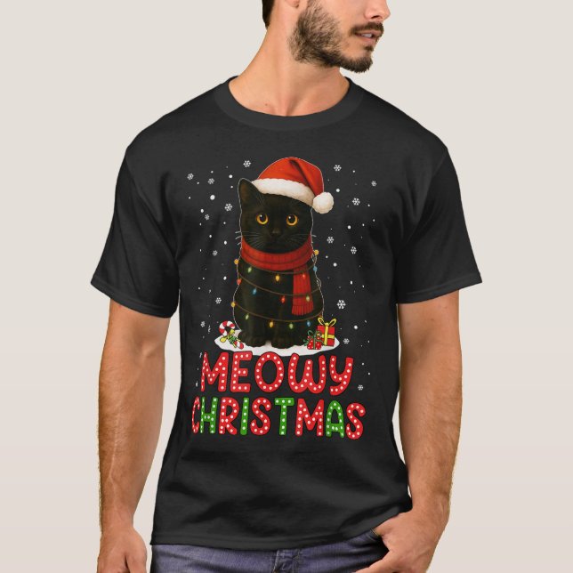 Meowy Christmas Santa Hat Funny Black Cat Men Wome T Shirt (Framsida)