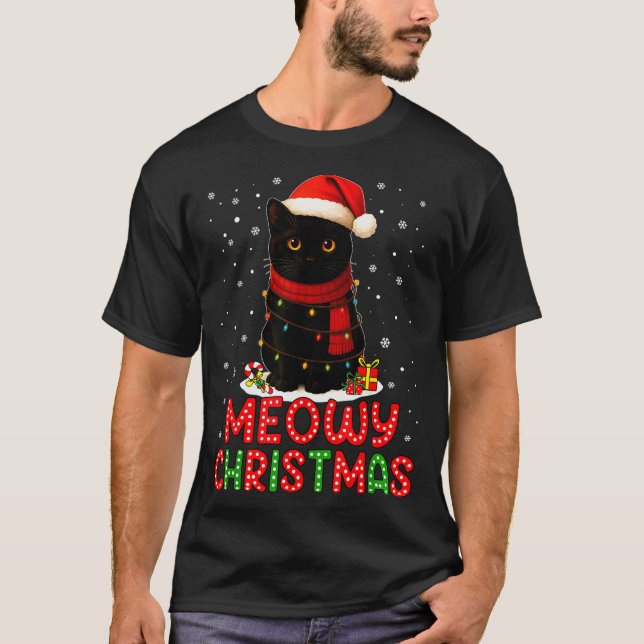 Meowy Christmas Santa Hat Funny Black Cat Men Wome T Shirt (Framsida)