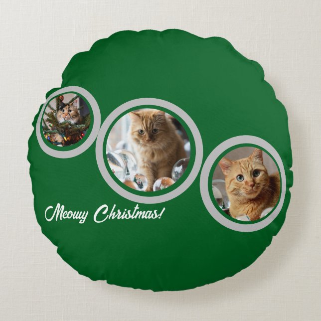 Meowy Christmas Three Cats Photos Customize  Rund Kudde (Framsidan)