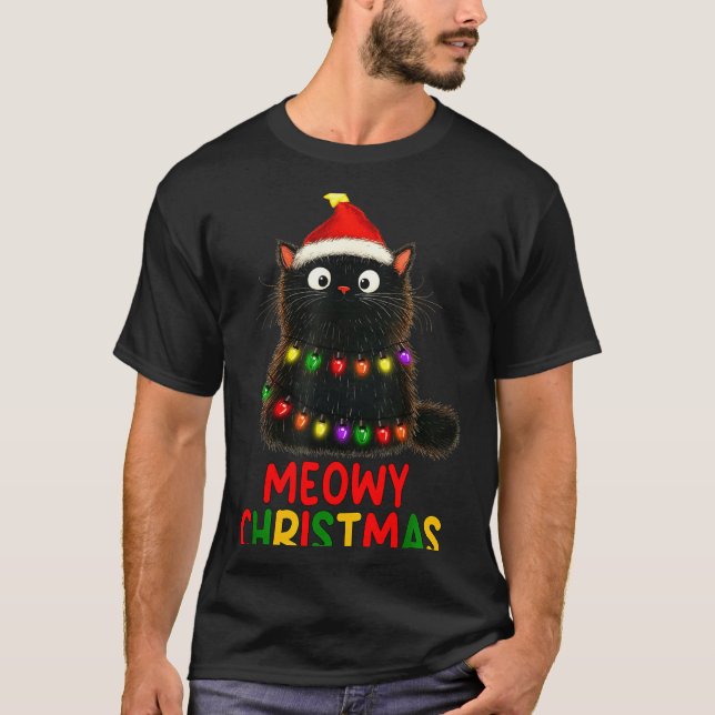 Meowy Christmas Tree Lights Black Cat Xmas Pajamas T Shirt (Framsida)
