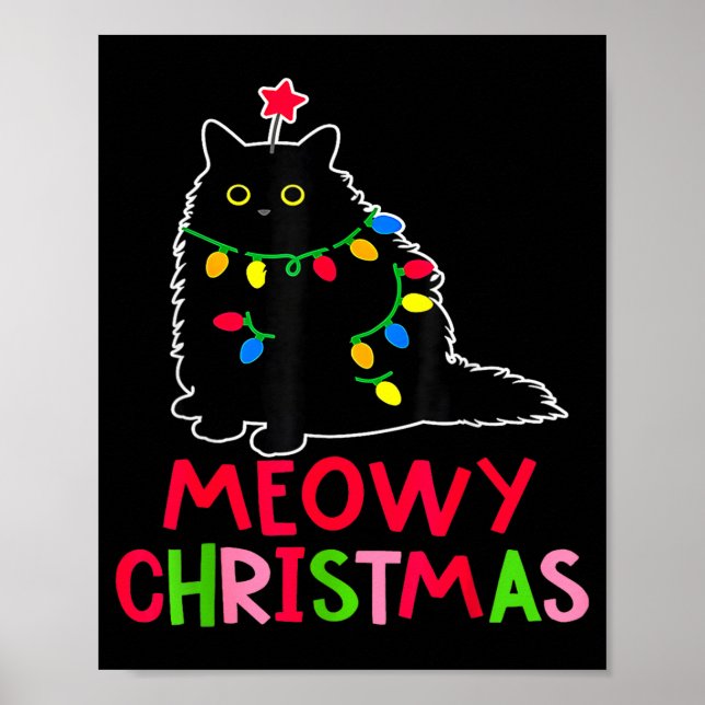 Meowy Christmas Xmas Lights Black Cat Pajamas Fami Poster (Framsidan)