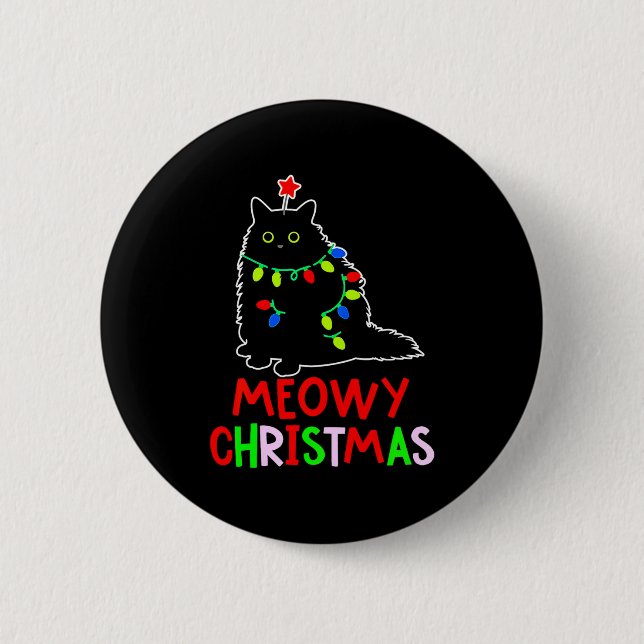 Meowy Christmas Xmas Lights Black Cat Pajamas  Knapp (Framsida)