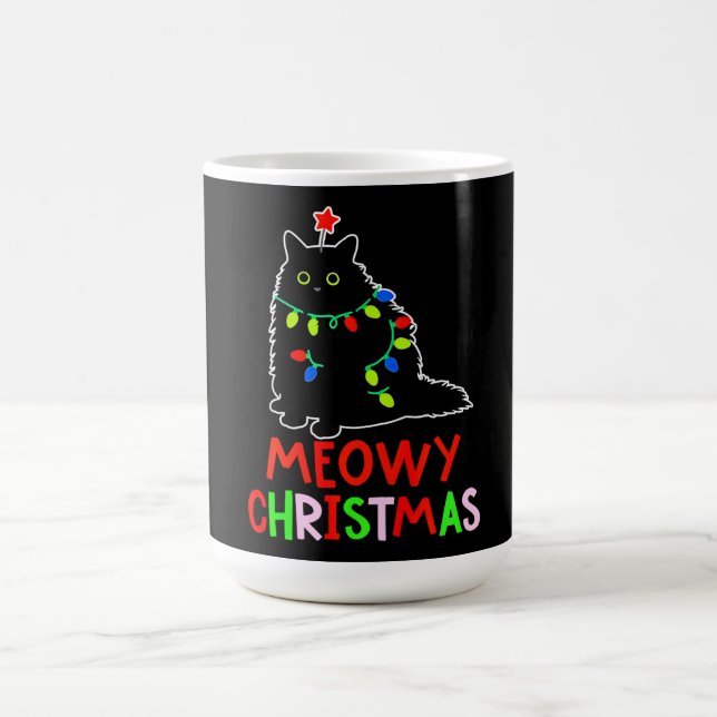 Meowy Christmas Xmas Lights Black Cat Pajamas  Magisk Mugg (Center)