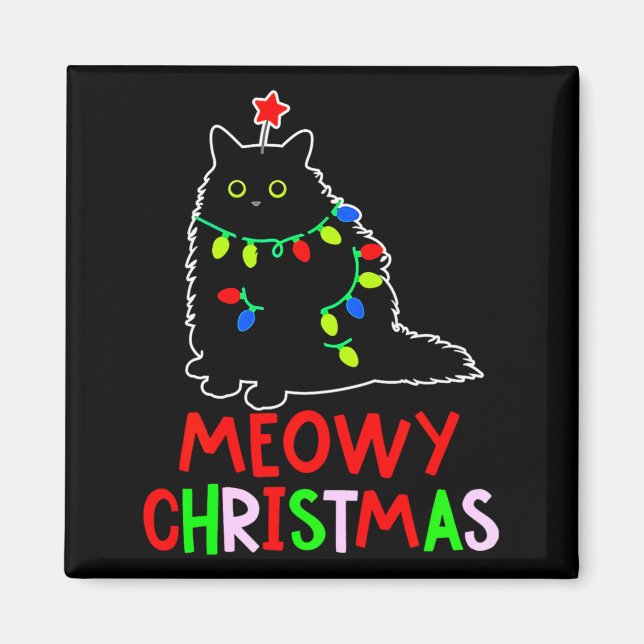 Meowy Christmas Xmas Lights Black Cat Pajamas  Magnet (Framsidan)