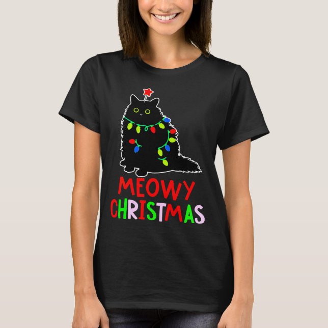 Meowy Christmas Xmas Lights Black Cat Pajamas  T Shirt (Framsida)