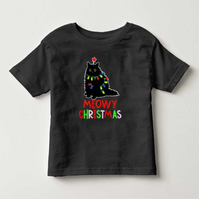 Meowy Christmas Xmas Lights Black Cat Pajamas  T Shirt (Framsida)