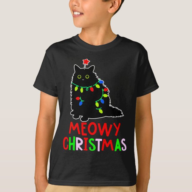Meowy Christmas Xmas Lights Black Cat Pajamas  T Shirt (Framsida)