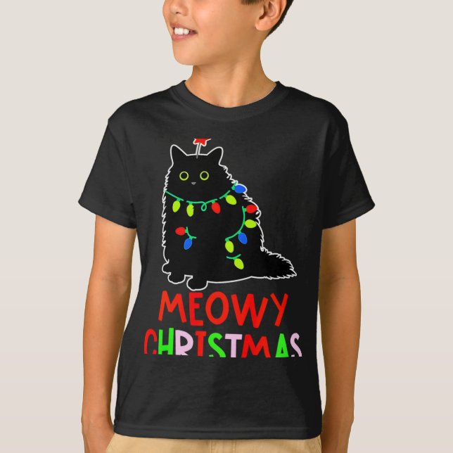 Meowy Christmas Xmas Lights Black Cat Pajamas Todd T Shirt (Framsida)