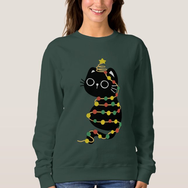 Meowy Christmas Xmas Lights Black Cat  T Shirt (Framsida)
