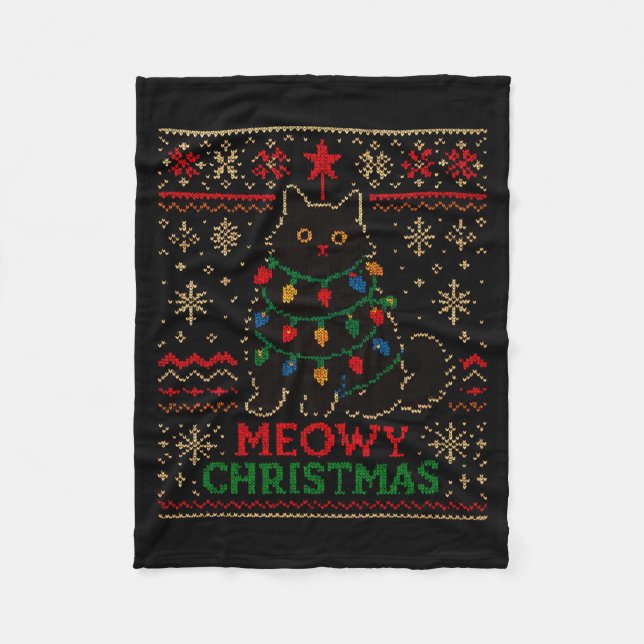 Meowy Christmas Xmas Lights Cat Ugly Sweater Pajam Fleecefilt (Framsidan)