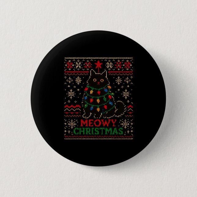 Meowy Christmas Xmas Lights Cat Ugly Sweater Pajam Knapp (Framsida)