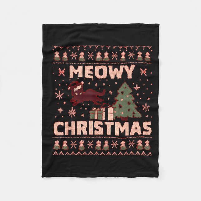 Meowy Christmas Xmas Tree Cat Ugly Sweater Pajamas Fleecefilt (Framsidan)