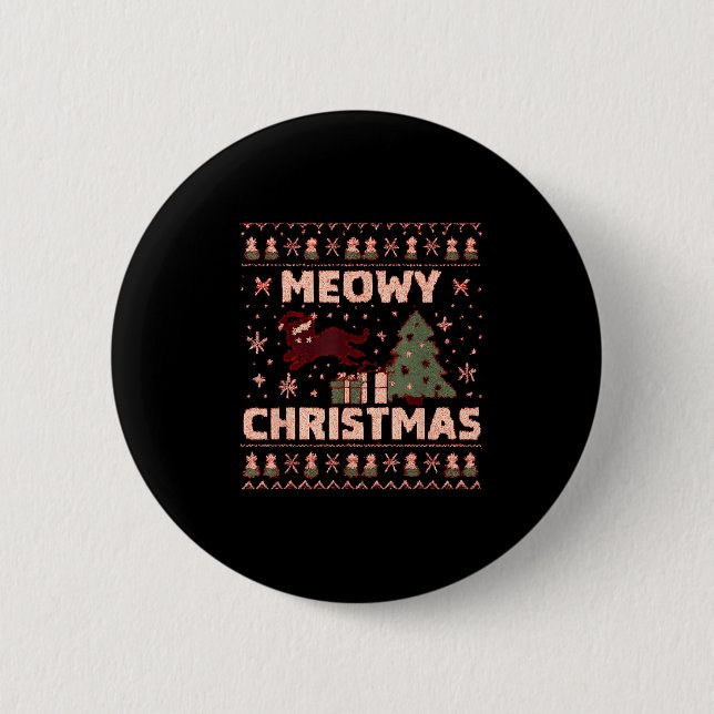 Meowy Christmas Xmas Tree Cat Ugly Sweater Pajamas Knapp (Framsida)