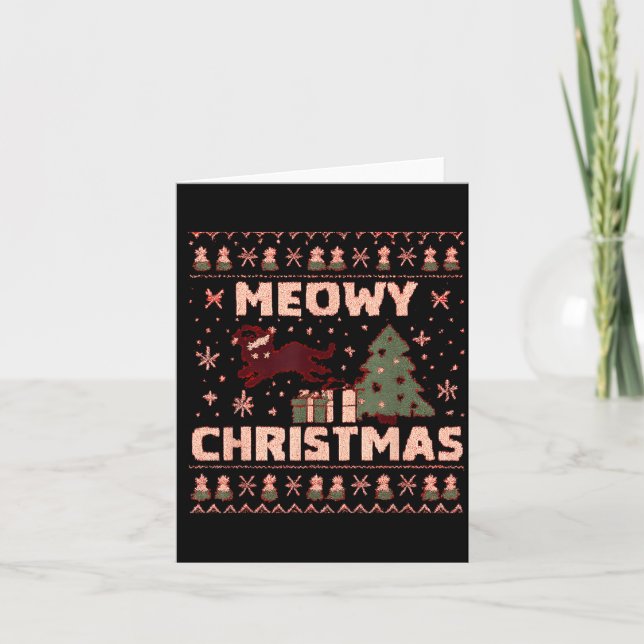 Meowy Christmas Xmas Tree Cat Ugly Sweater Pajamas Kort (Framsida)
