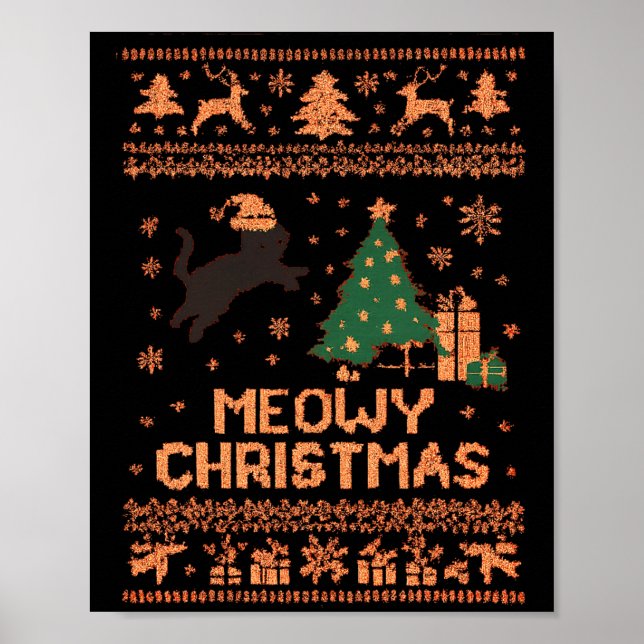 Meowy Christmas Xmas Tree Cat Ugly Sweater Pajamas Poster (Framsidan)
