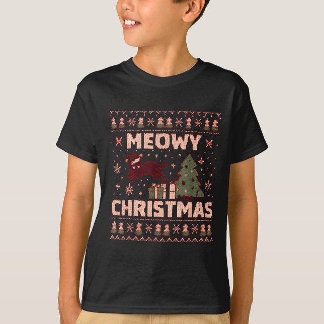 Meowy Christmas Xmas Tree Cat Ugly Sweater Pajamas T Shirt (Framsida)