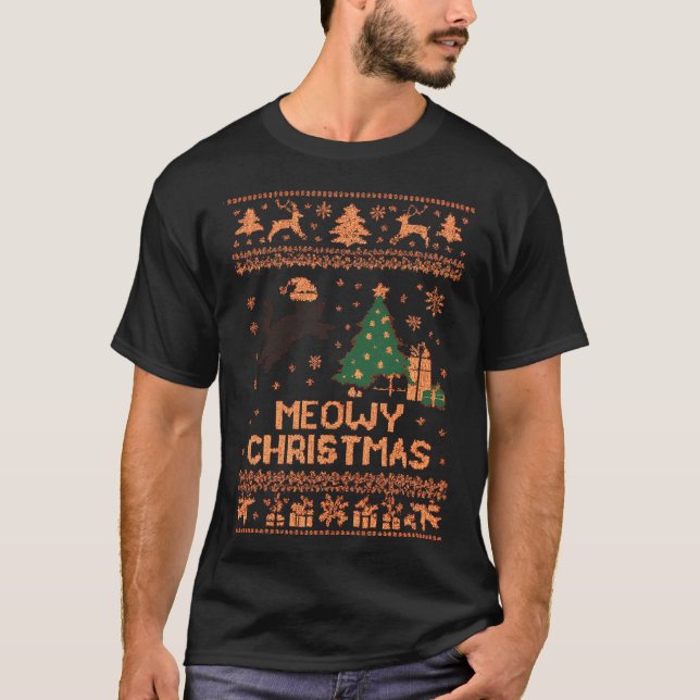 Meowy Christmas Xmas Tree Cat Ugly Sweater Pajamas T Shirt (Framsida)