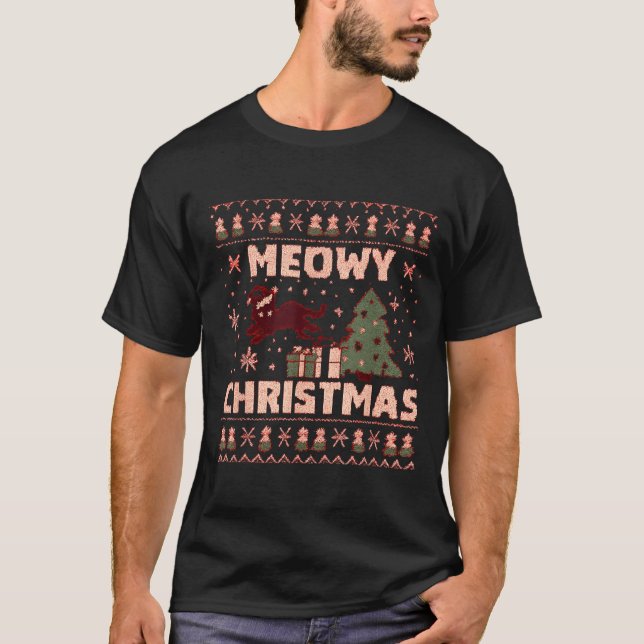 Meowy Christmas Xmas Tree Cat Ugly Sweater Pajamas T Shirt (Framsida)