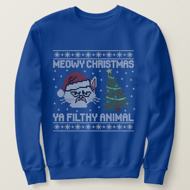 Meowy Christmas Ya Filthy Animal - Cat Head Design Lång Ärmad Tröja (Design framsida)