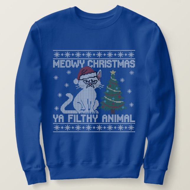 Meowy Christmas Ya Filthy Animal - Ugly Christmas  Lång Ärmad Tröja (Design framsida)
