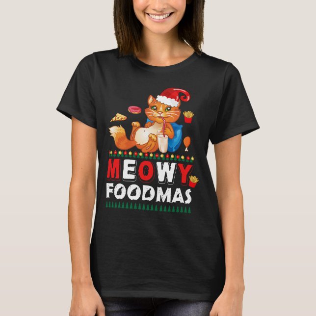 Meowy Foodmas Funny Cat T-Shirt | Cute Helgdag (Framsida)