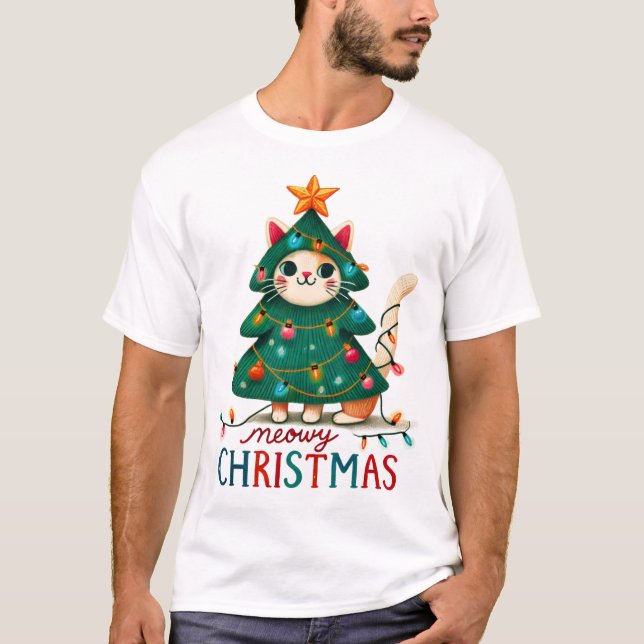 Meowy Funny Christmas Cat  T Shirt (Framsida)