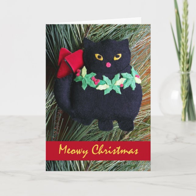 Meowy jul, Black Cat Felt Ornament Helgkort (Framsida)