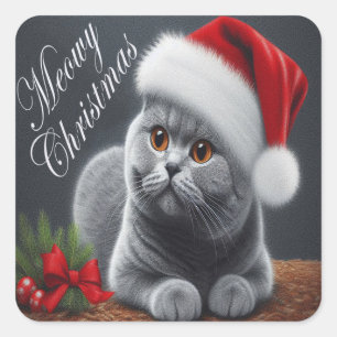 Meowy jul British Shorthair Santa Cat Fyrkantigt Klistermärke