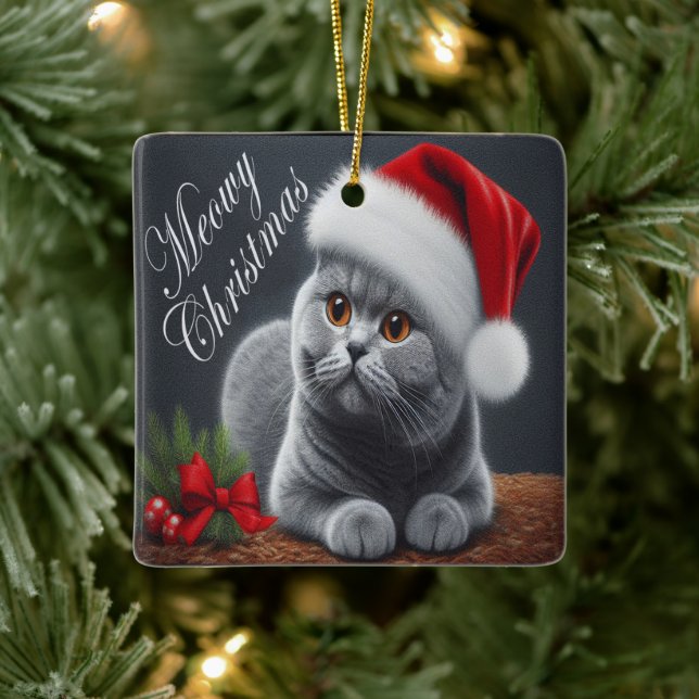 Meowy jul British Shorthair Santa Cat Julgransprydnad Keramik (Träd)