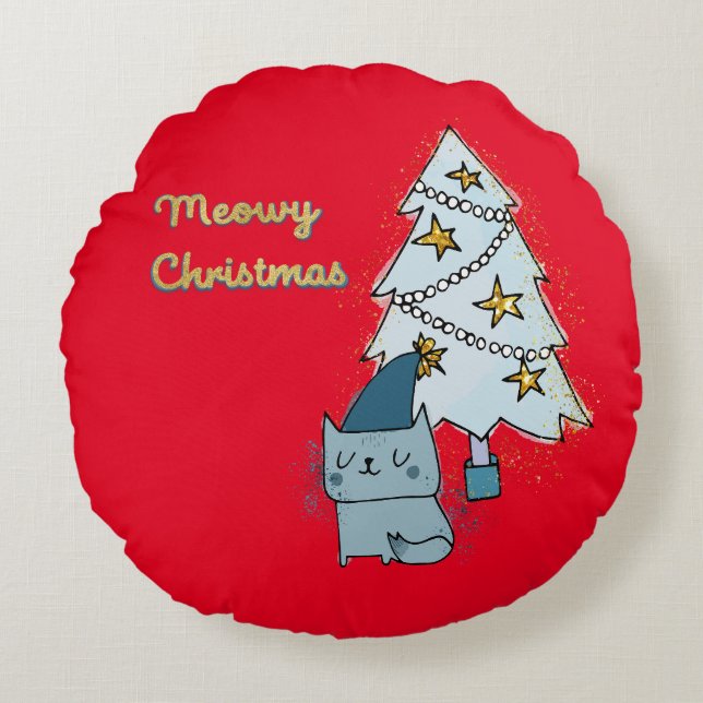 Meowy jul Cat och Träd Rund Kudde (Framsidan)