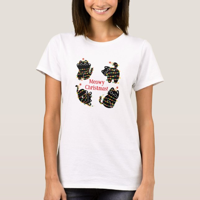 Meowy jul Cat T-Shirt - Funny Helgdag Tee (Framsida)