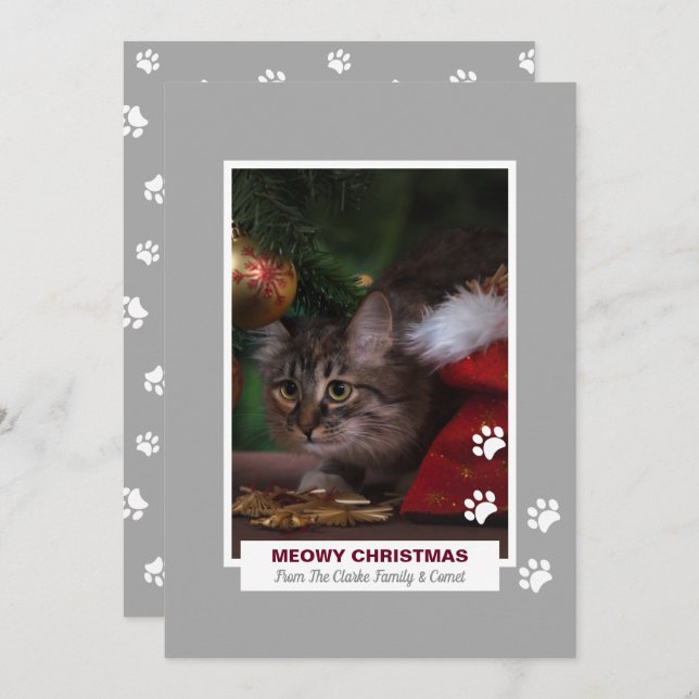 Meowy jul Cat White Tass avtryck Pet Photo Julkort (Fram/baksida)