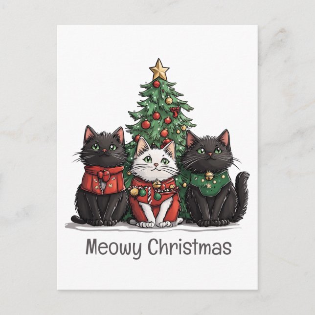 Meowy jul Cats Helgdag Träd Vykort (Framsida)