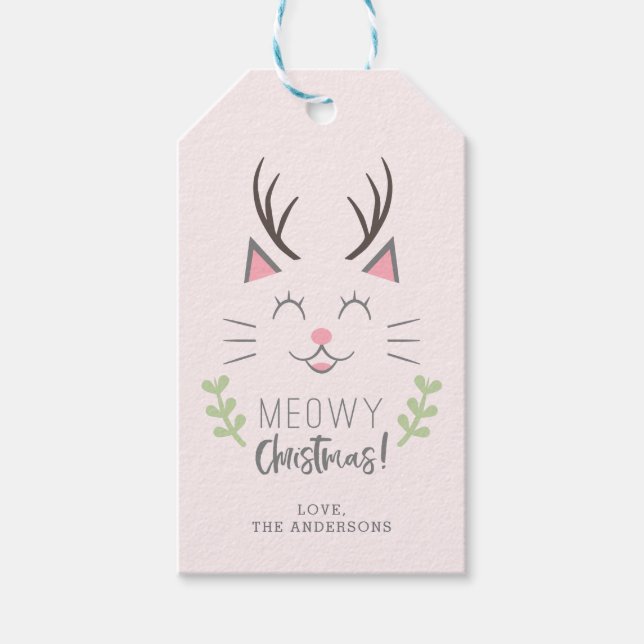 Meowy jul | Cute Cat, Antlers Personlig Presentetikett (Framsidan)