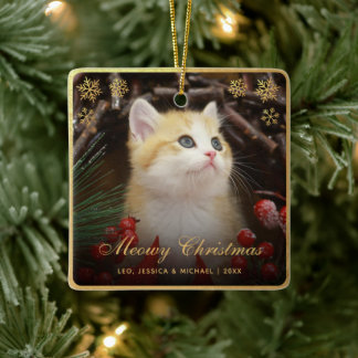 Meowy Jul Cute Cat Pet Photo Faux Gold Foil Julgransprydnad Keramik